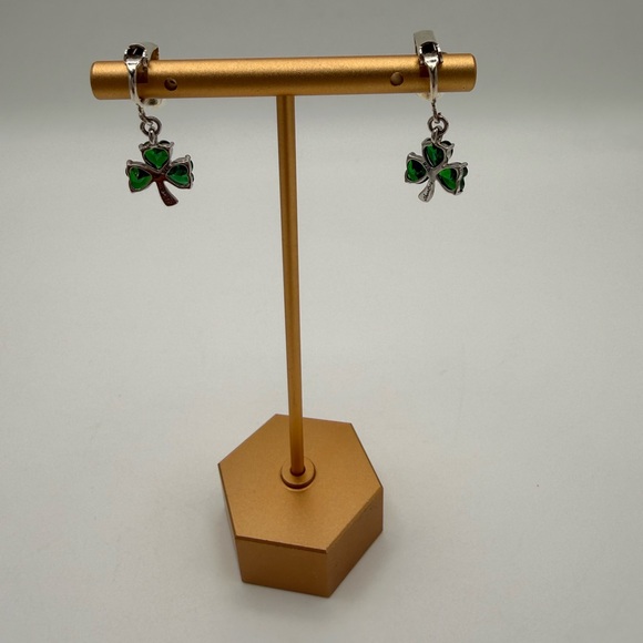 Shan Gre 925 Silver & Green Glass 3 Leaf Clover Drop Earrings - Picture 4 of 9